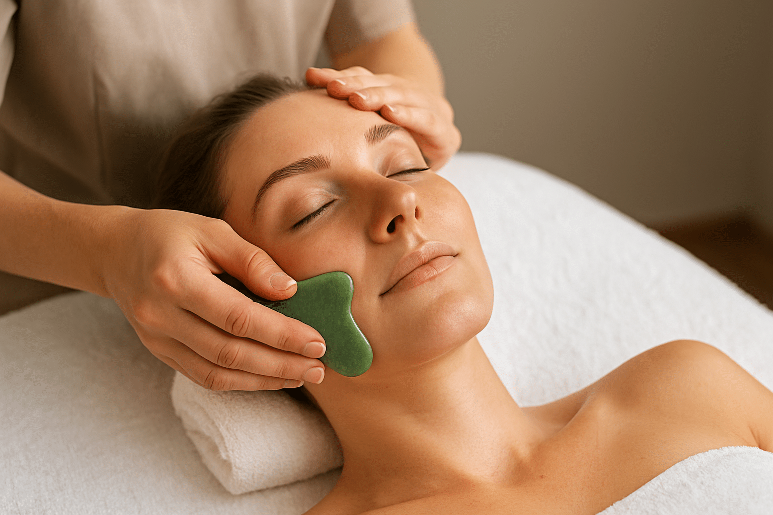 Gesichtsbehandlung mit Guasha-Werkzeug